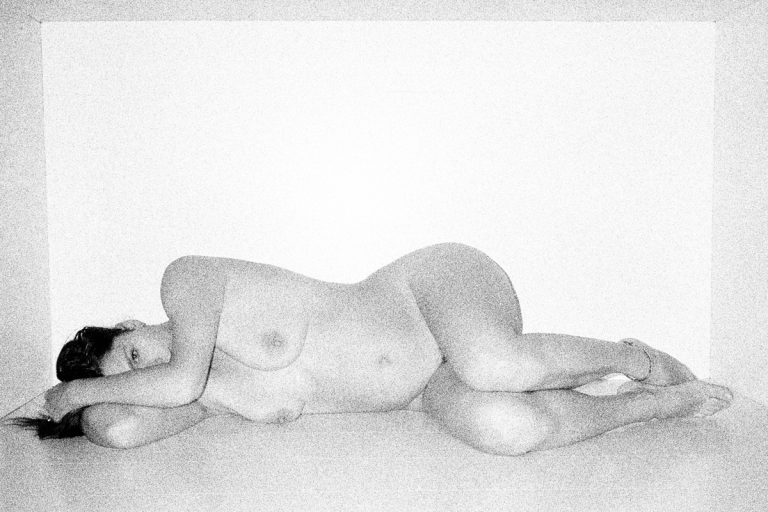 Bibi-Joan nude on side black and white film